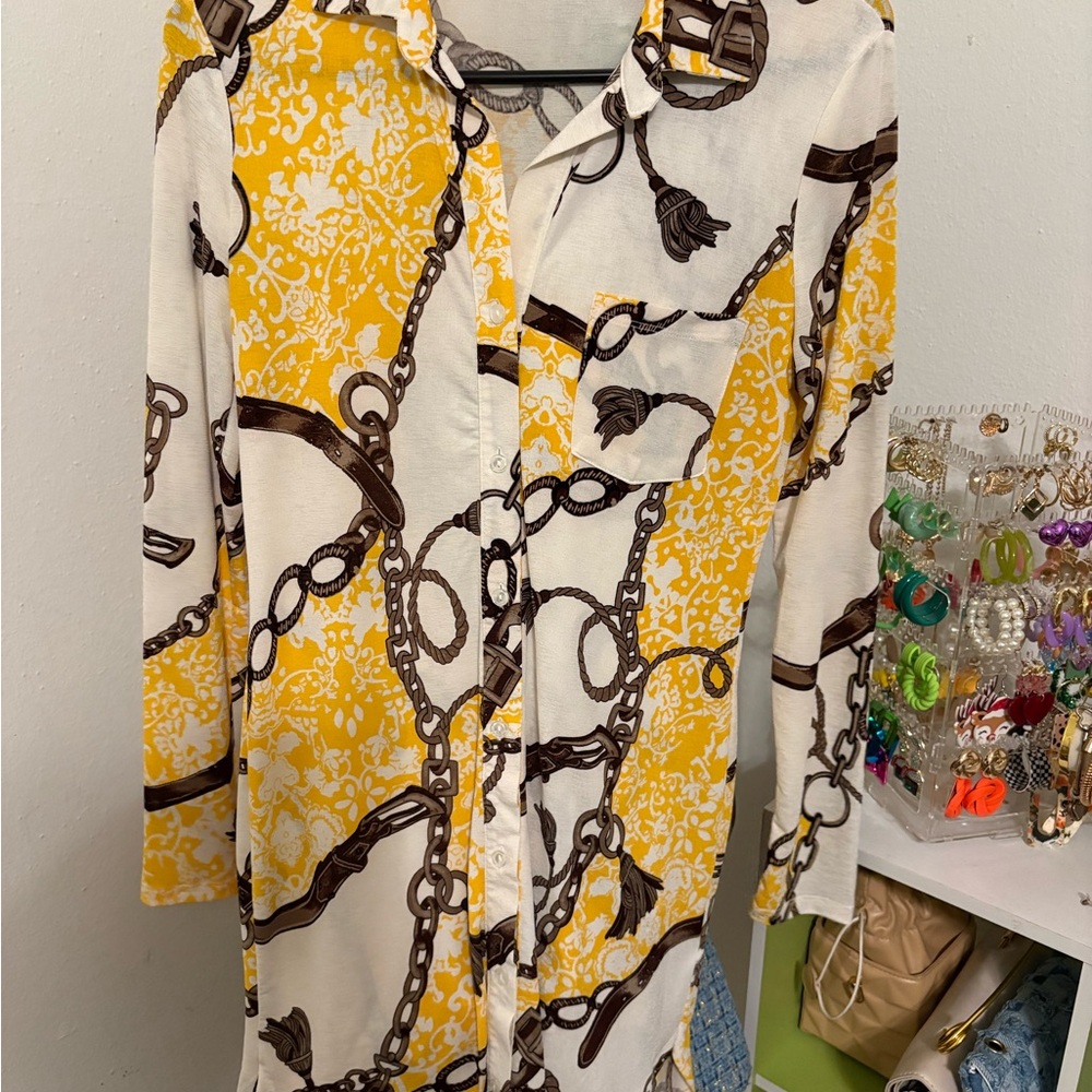 Timing Yellow and Brown Chain Print Long Sleeve Dress